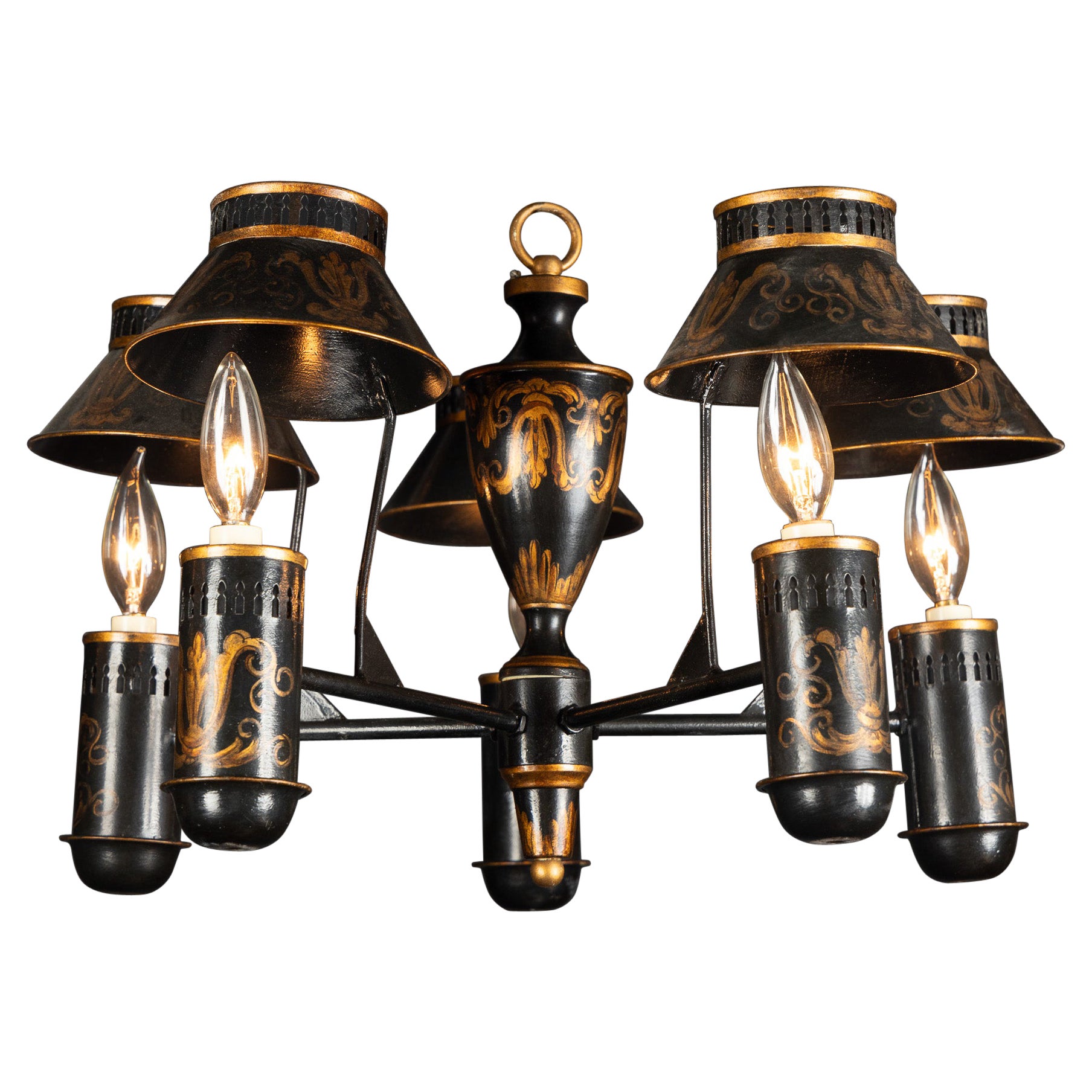 Hand Painted Black and Gold French Tole Chandelier with Light Shades For Sale