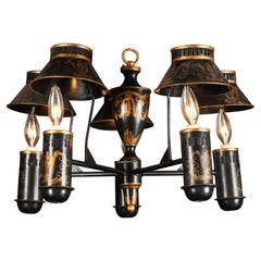 Hand Painted Black and Gold French Tole Chandelier with Light Shades