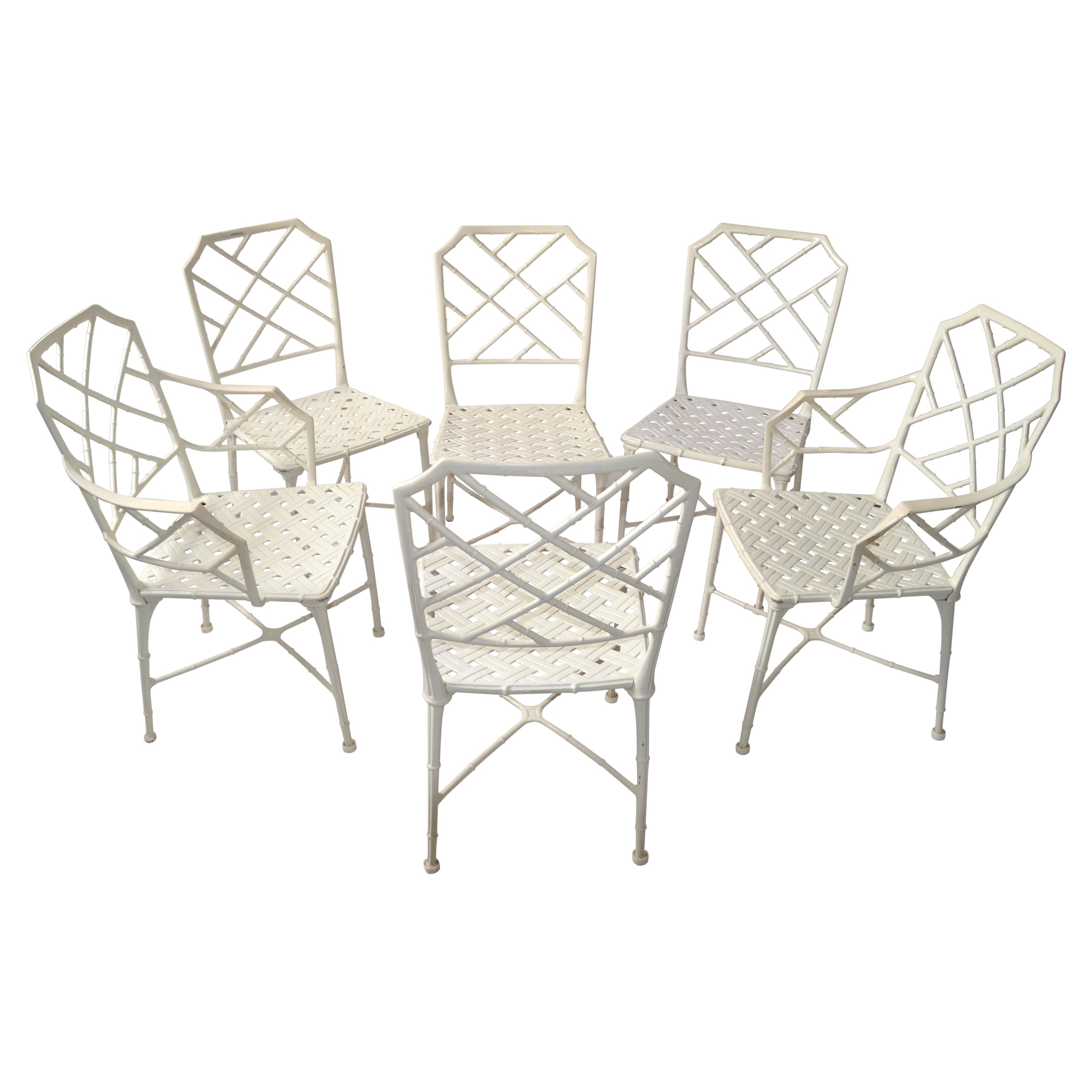 Set 6 Hall Bradley Calcutta Outdoor White Distressed Finished Dining Chairs 1960 For Sale