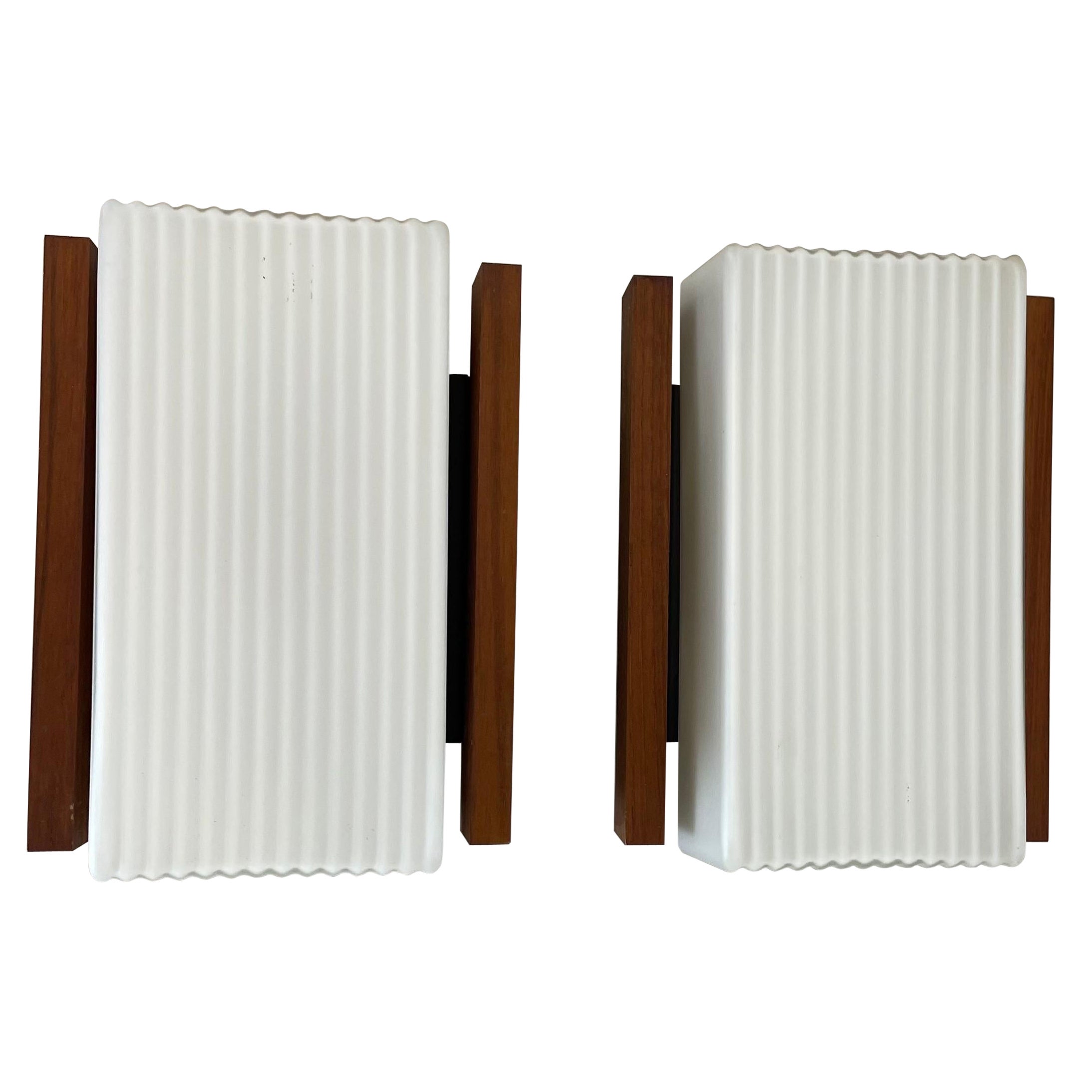 Set of 2 satin white glass and teak Wall Lights by BEGA Lights, Germany 1960s