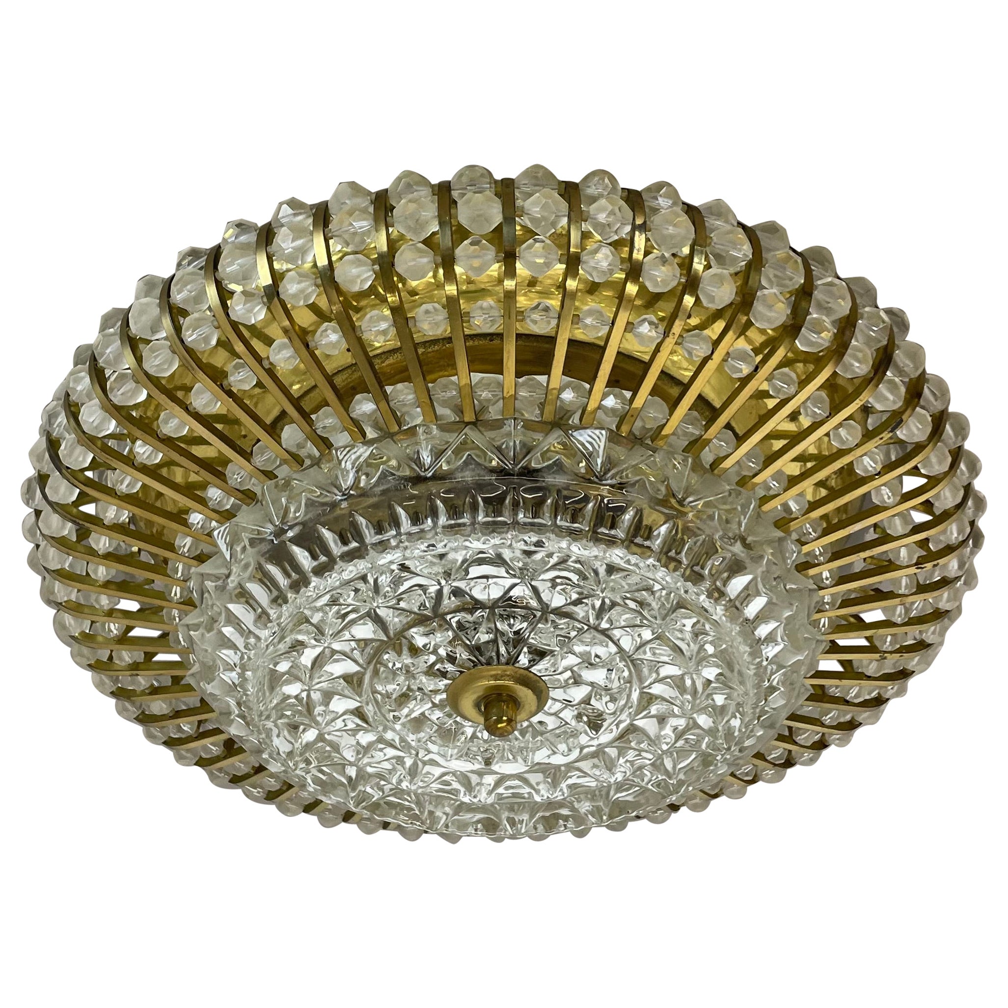 Hollywood regency Glass and Brass Ceiling Light, Ernst Palme Palwa 1970s Germany For Sale