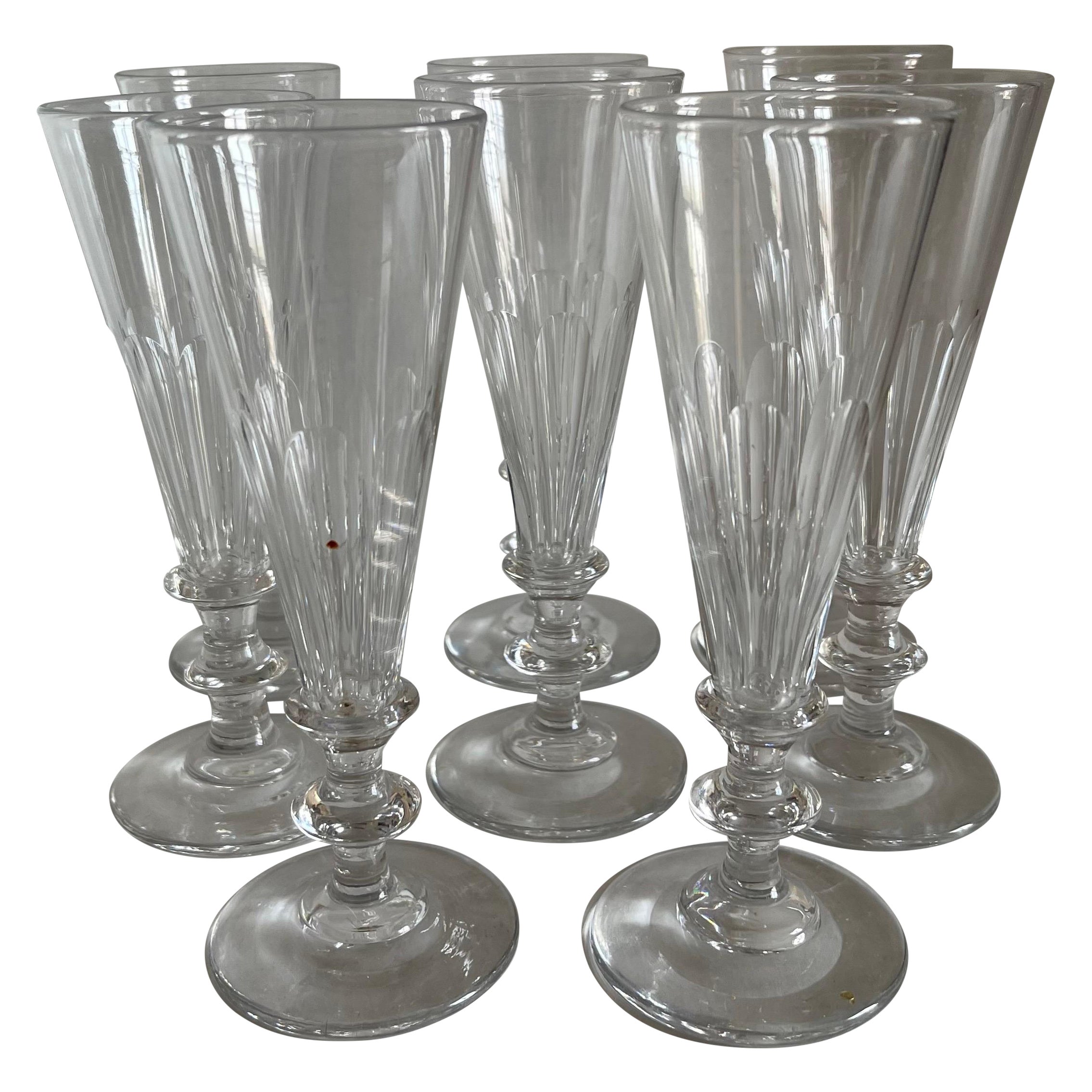 Antique American 1850 Blown Flint Glass Champagne Flutes, Set of 8