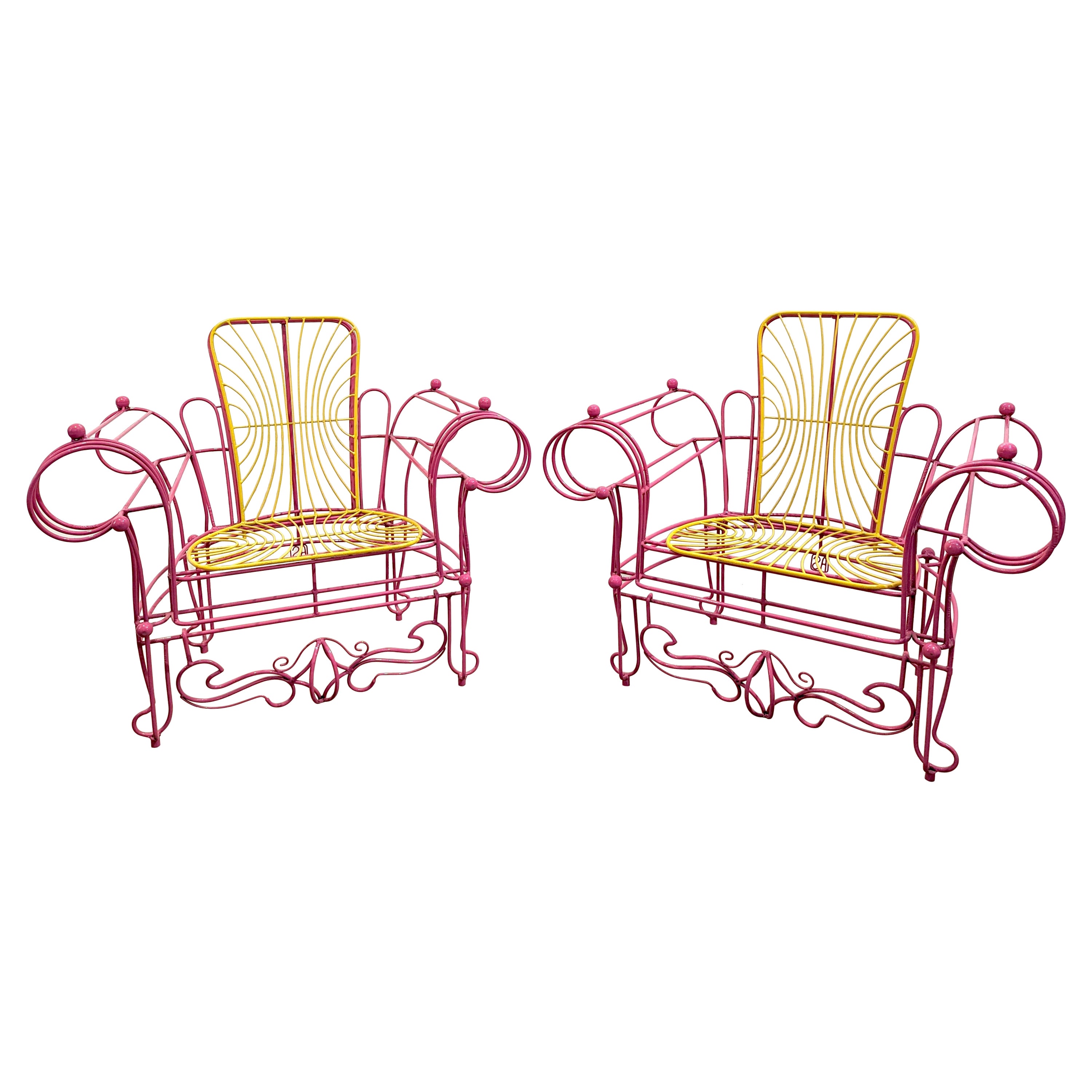 1990s Spazzapan Italian Pop Art Pair of Pink Yellow Metal Armchairs Sculptures