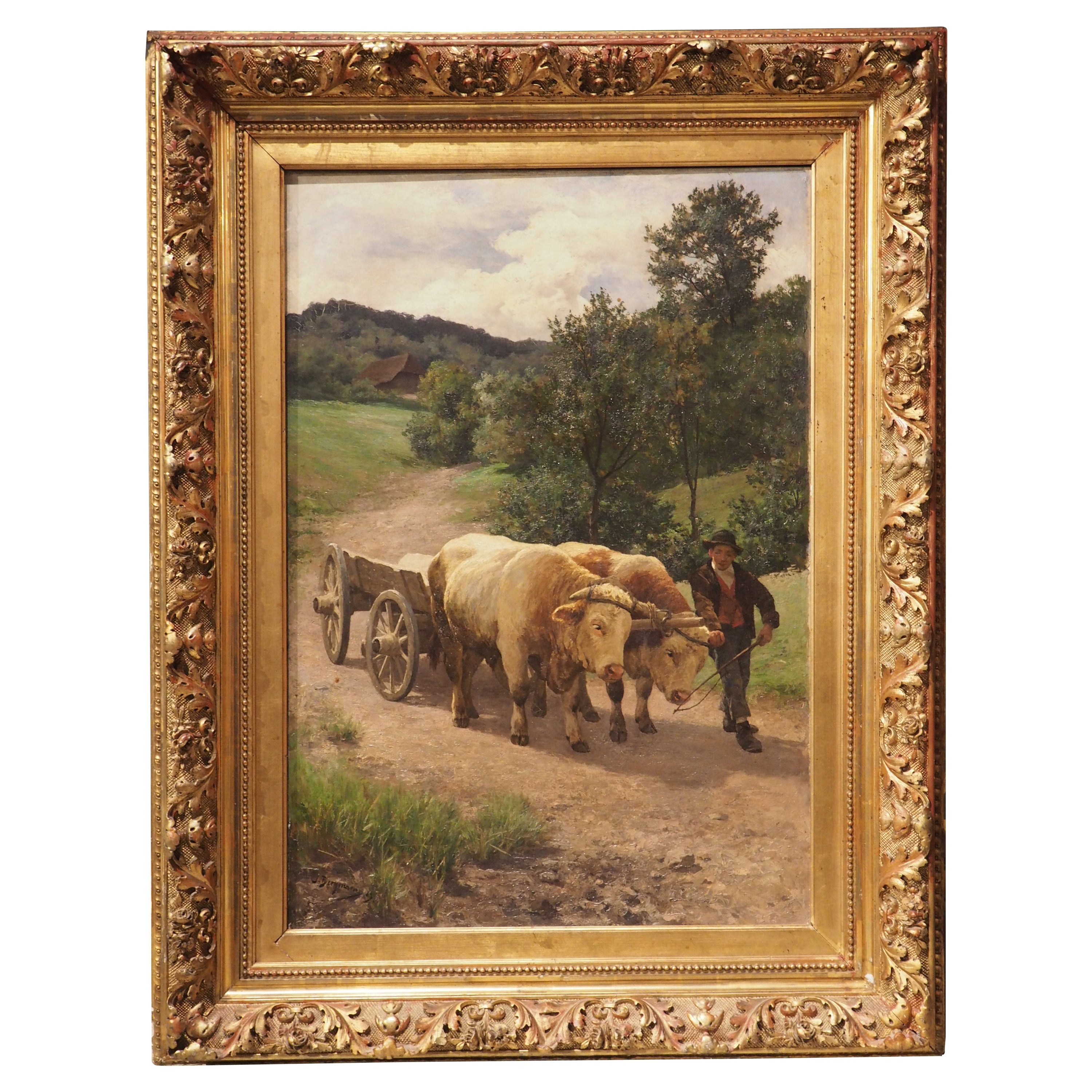 Antique Oil on Canvas Pastoral Cow Painting by Julius Bergmann For Sale
