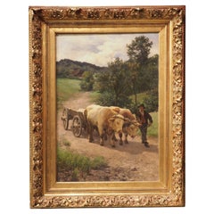 Vintage Oil on Canvas Pastoral Cow Painting by Julius Bergmann
