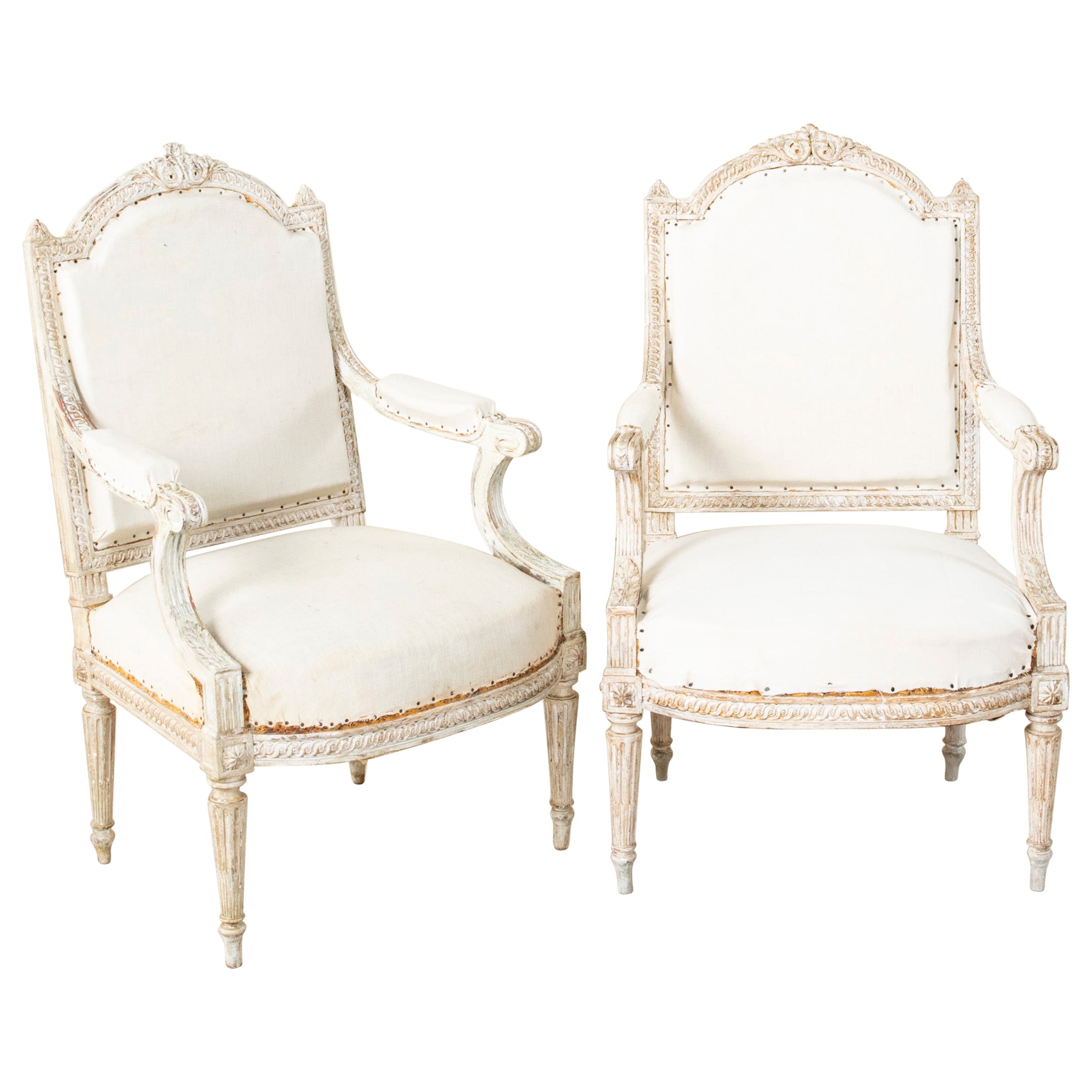 Mid 19th Century French Louis XVI Style Painted Armchairs or Bergeres For Sale