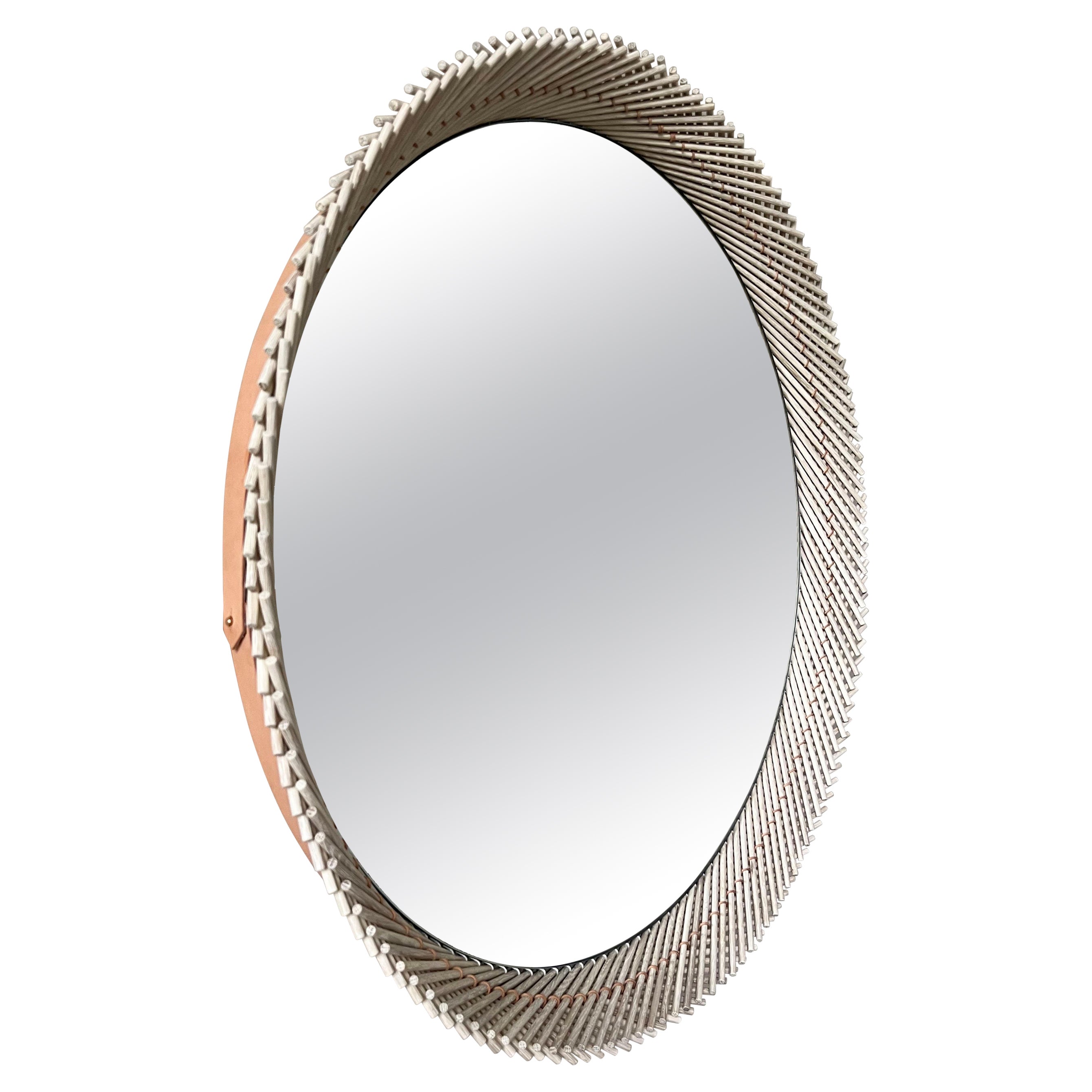 Mooda Round Mirror 30 / Bleached Oak Wood, Clear Mirror, Leather Stitch by INDO- For Sale
