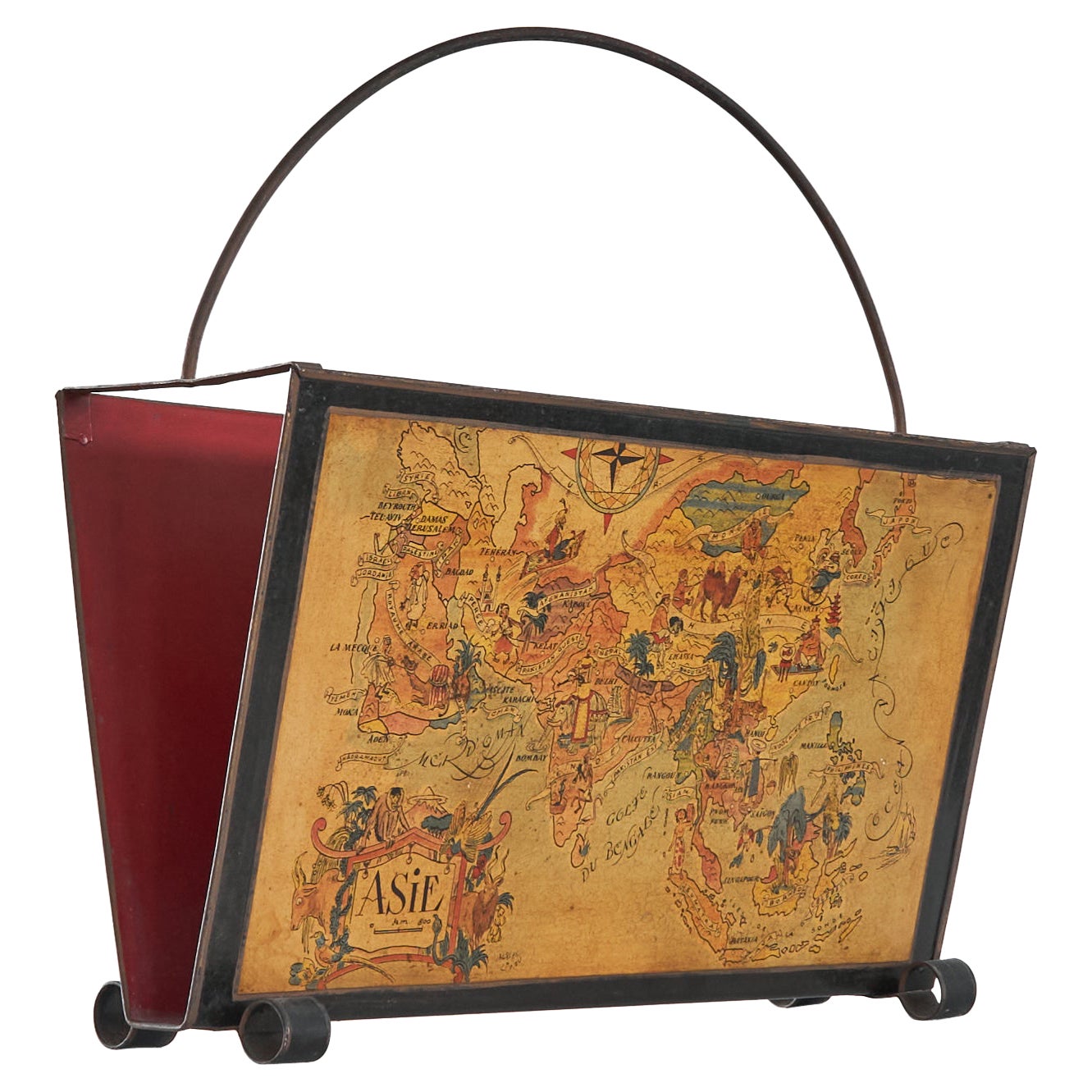 Jacques Liozu Magazine Rack with Whimsical Silk Screened Maps France 1950s