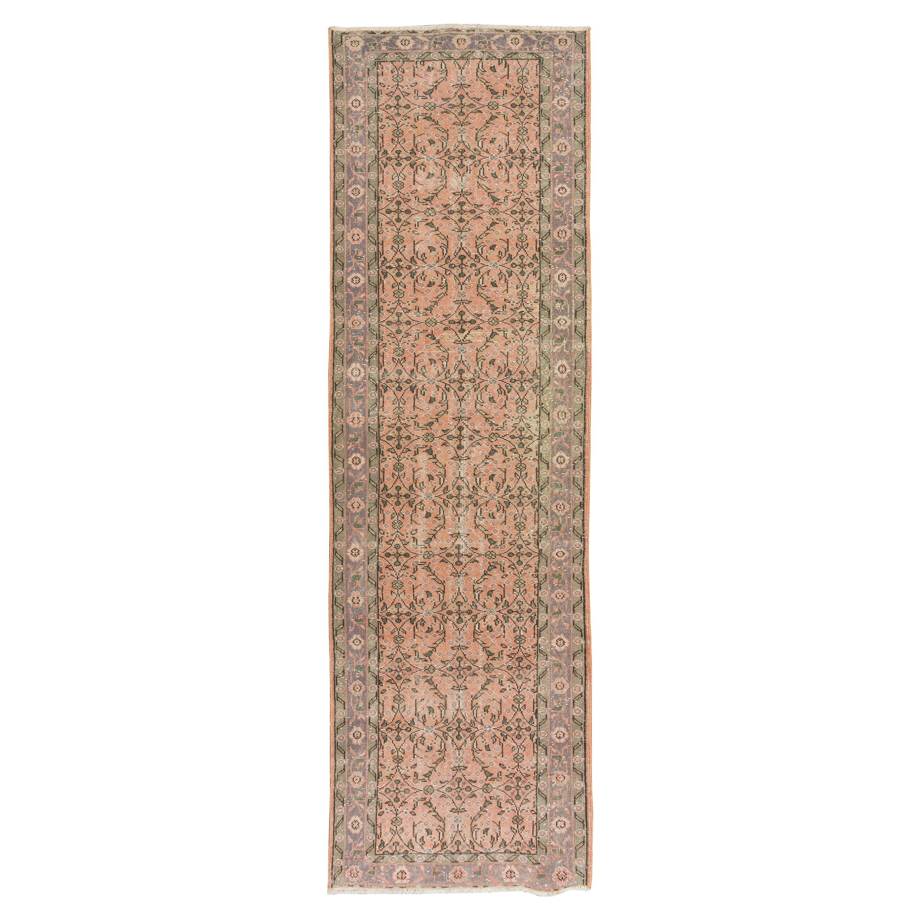 3.3x10.8 ft Vintage Handmade Turkish Runner Rug with Floral Design for Hallway
