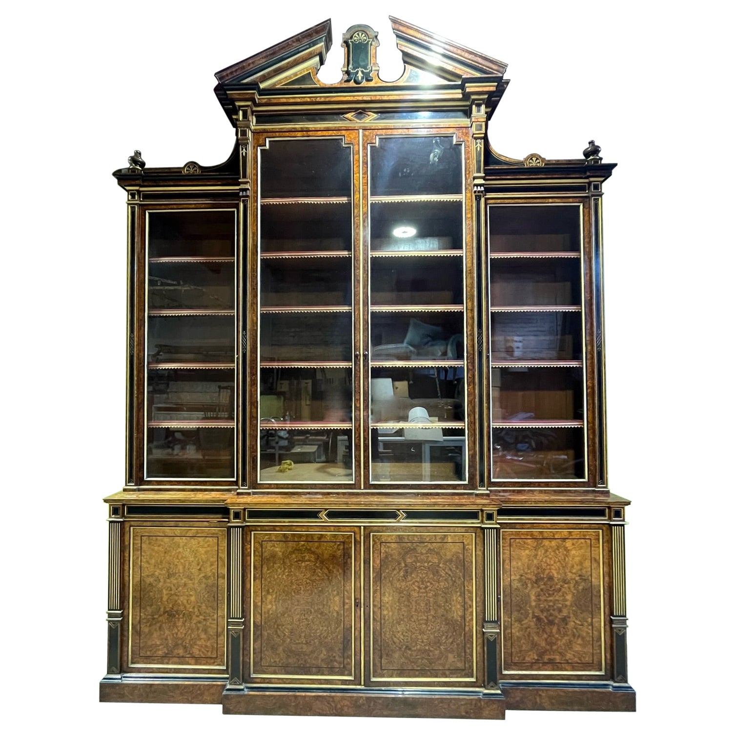 A 19th Century Burr Walnut Display Cabinet/Bookcase For Sale