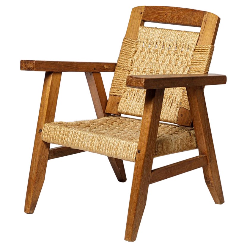 20TH CENTURY DESIGN Chaise longue en bois et corde style Audoux Minnet 1/2