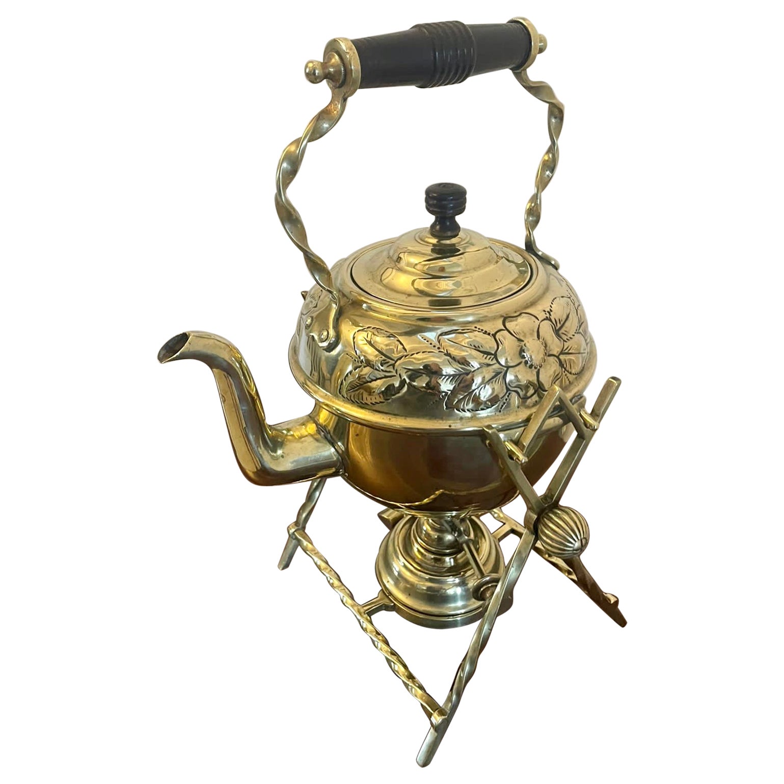 Antique Victorian Quality Brass Spirit Kettle on Stand  For Sale