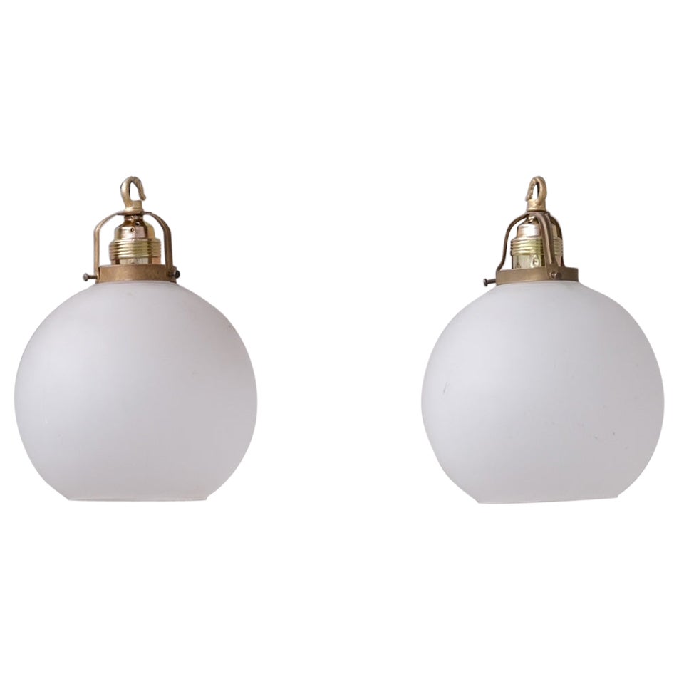 Pair of French Etched Mid-Century Glass Pendant Lights 