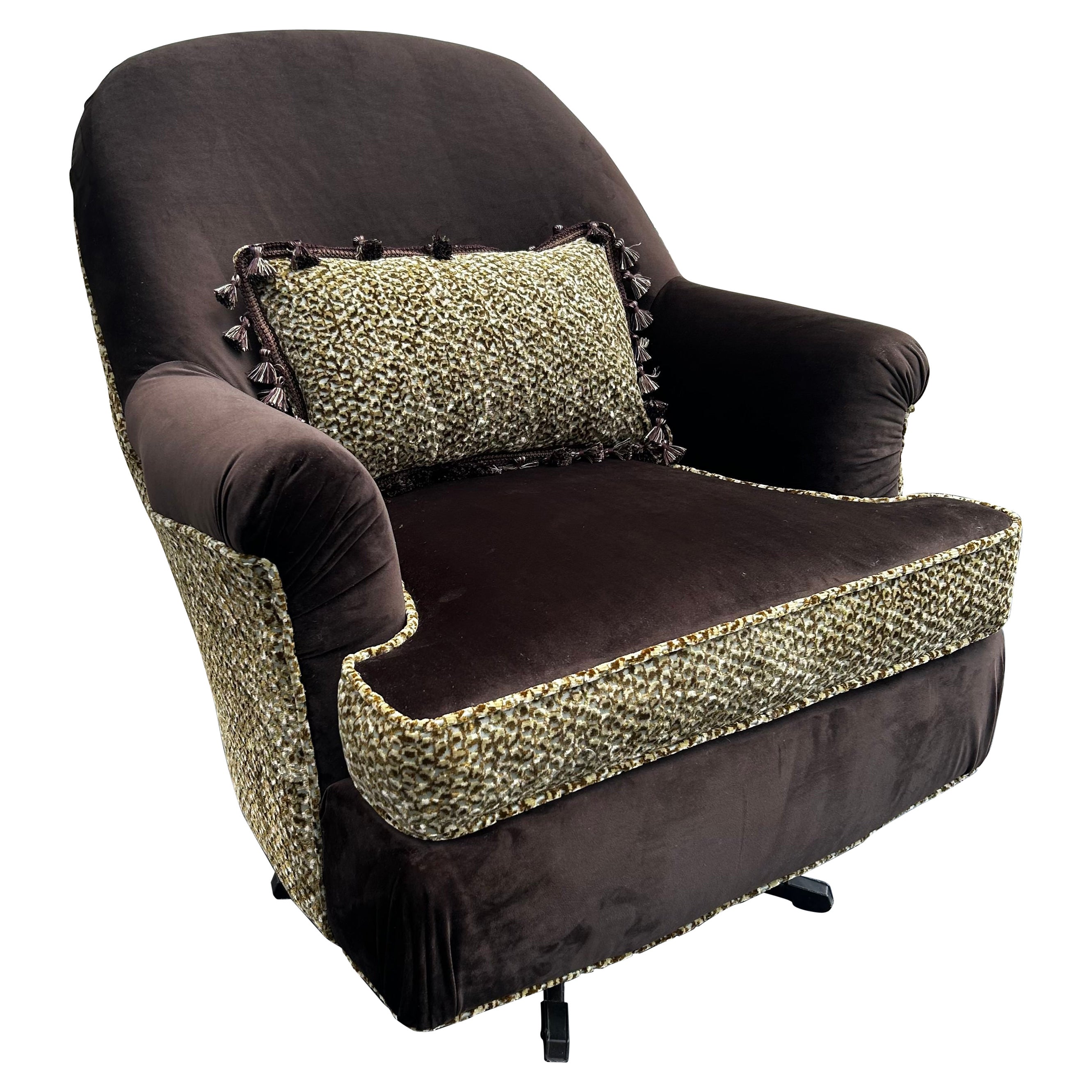 Vintage Swivel Rocker Chair in Brown Velvet and Leopard Print Chenille For Sale