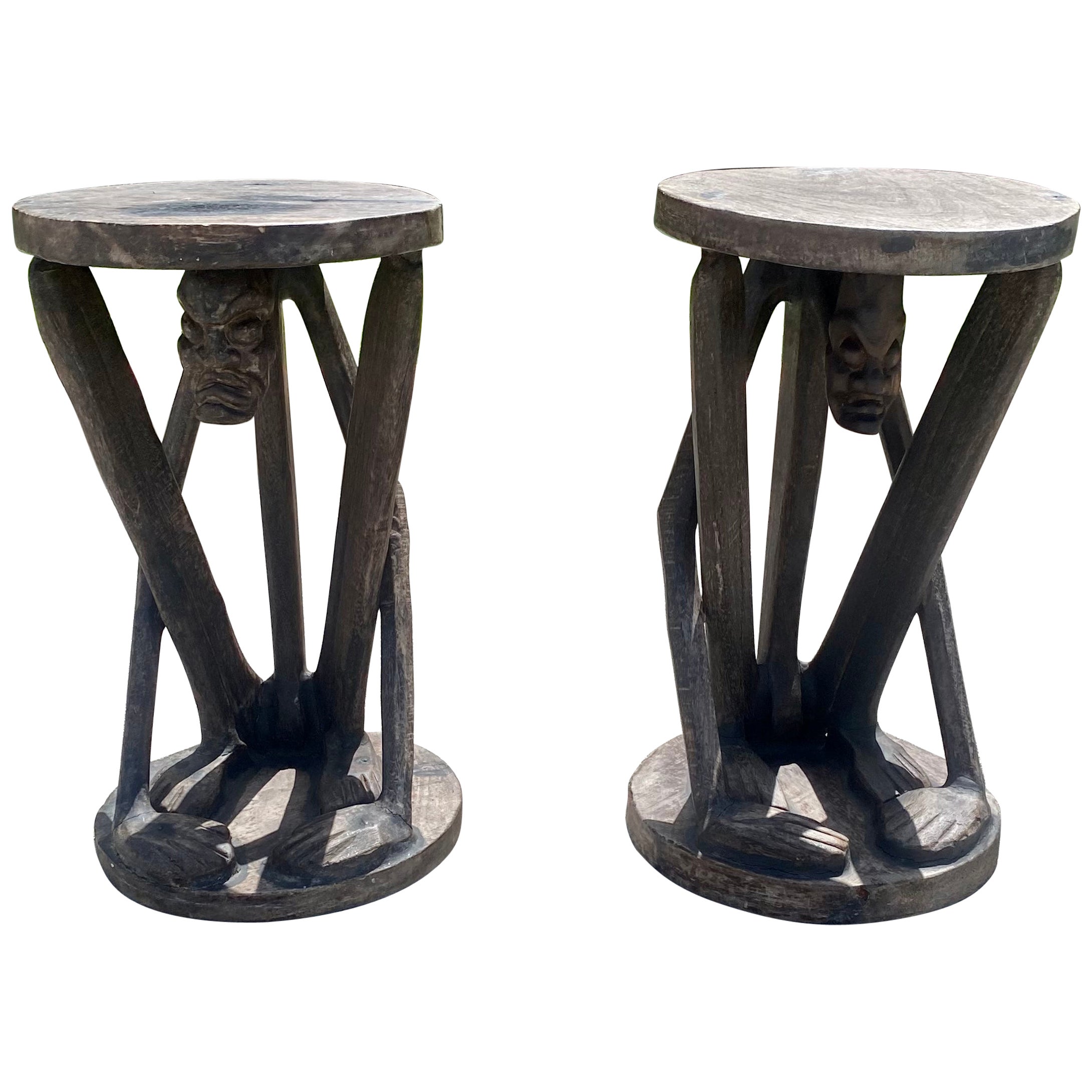 1930s African Figurative Folk Art Carved Wood Stools Table, Set of 2 For Sale