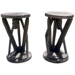 Antique 1930s African Figurative Folk Art Carved Wood Stools Table, Set of 2