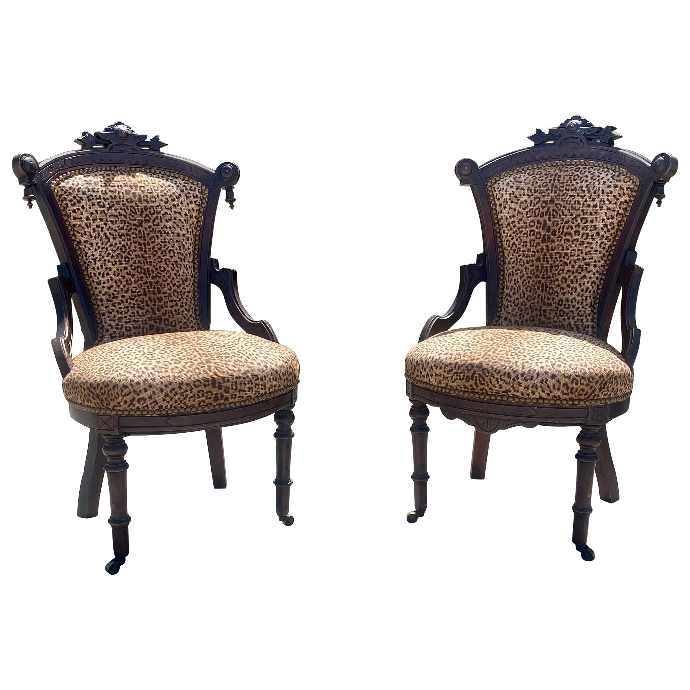 Victorian Carved Wood Leopard Nailhead Slipper Chairs, Set of 2