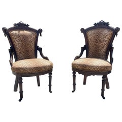 Antique Victorian Carved Wood Leopard Nailhead Slipper Chairs, Set of 2