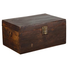 Brown Leather Brown Trunk with Etched Brass Lock and Distressed Patina