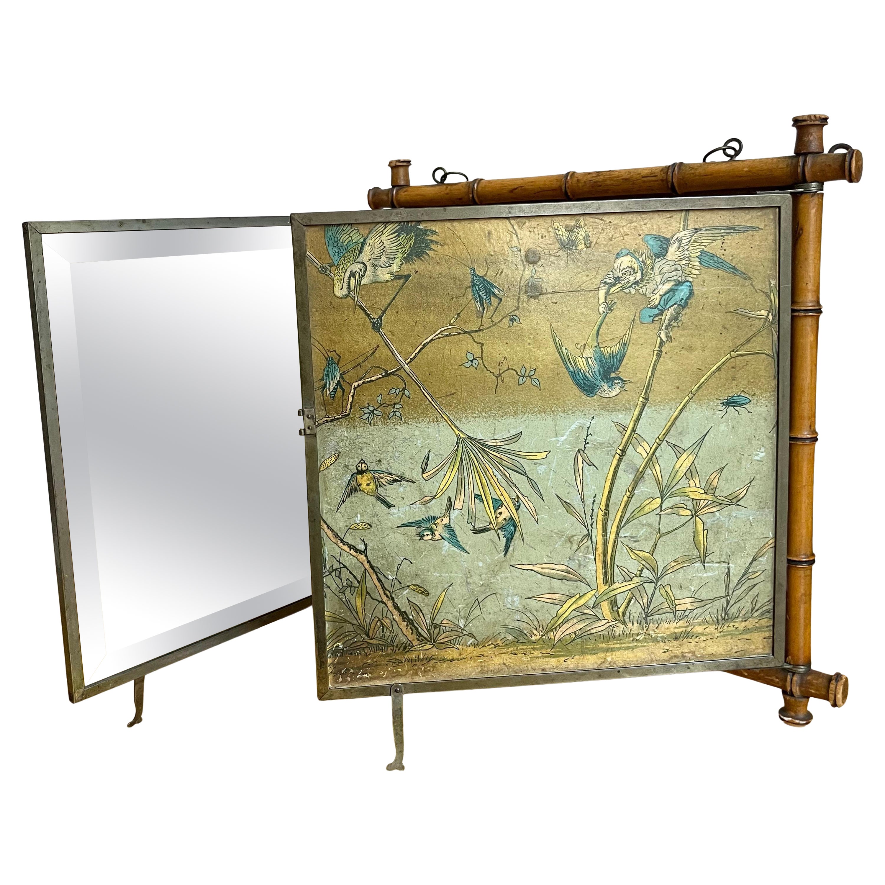 Antique Peter Wiederer & Brothers tri-fold shaving mirror with decorative birds For Sale