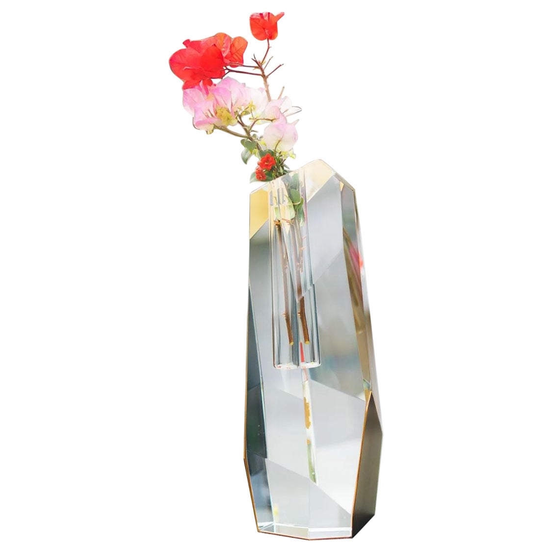 Tall Asymmetrical Crystal Vase with Brass Accents by Dainte For Sale