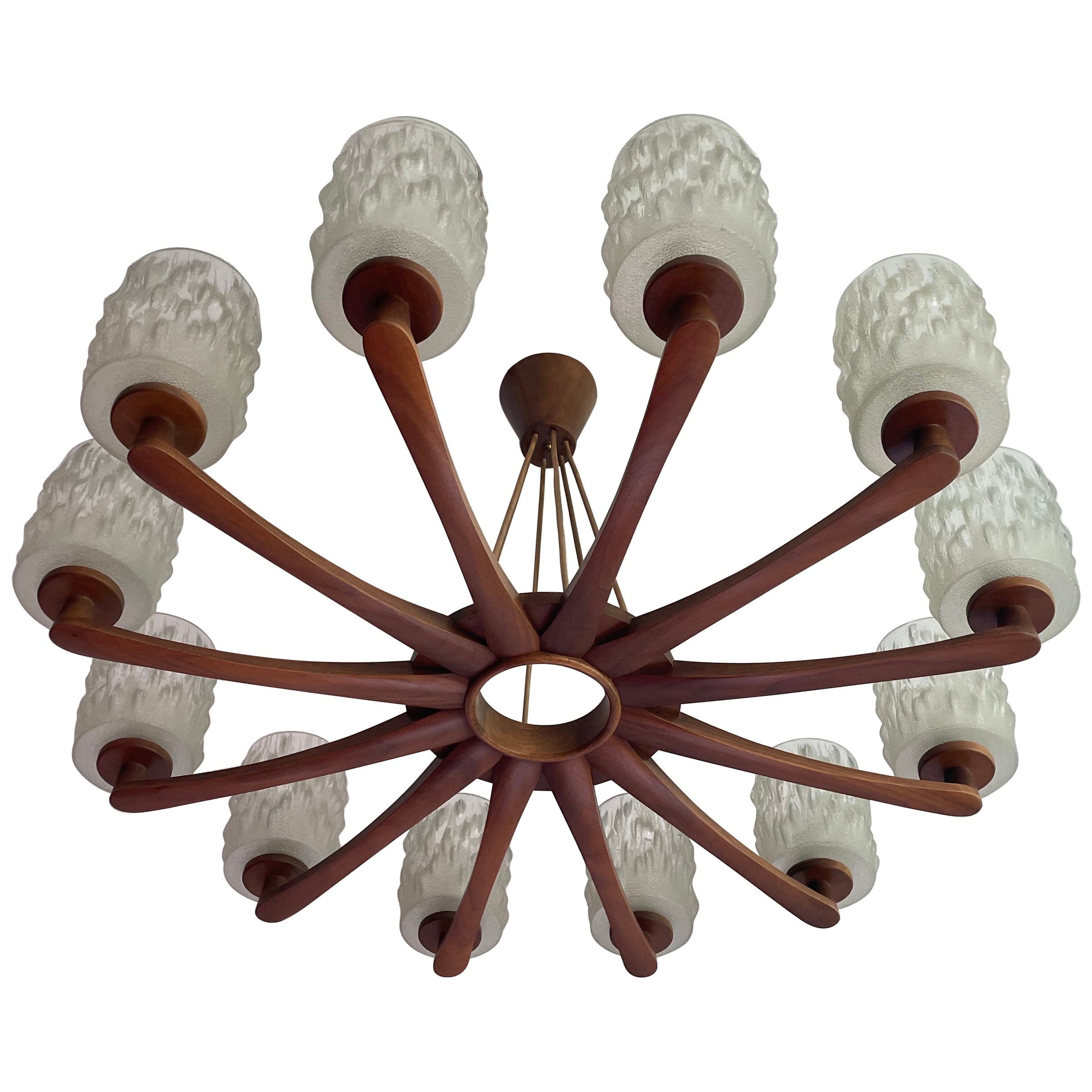 Large & Sophisticated Mid-Century Modern, Wood and Art Glass 12 Light Chandelier For Sale