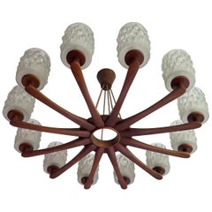 Large & Sophisticated Mid-Century Modern, Wood and Art Glass 12 Light Chandelier
