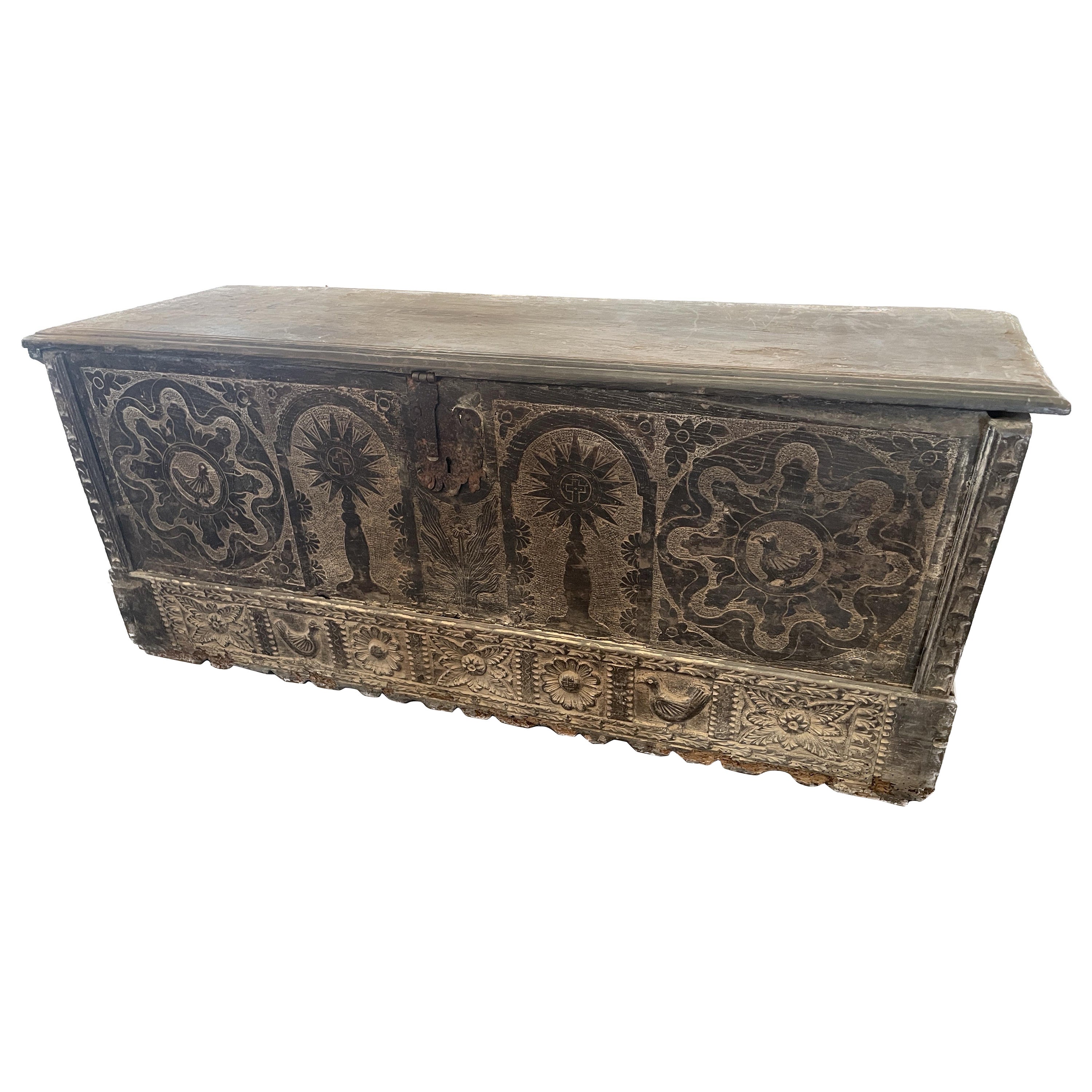 17th Century Walnut Carved Trunk From Spain For Sale