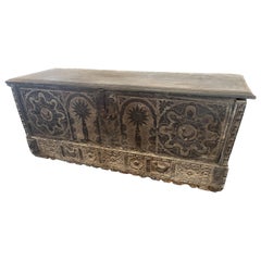 17th Century Walnut Carved Trunk From Spain