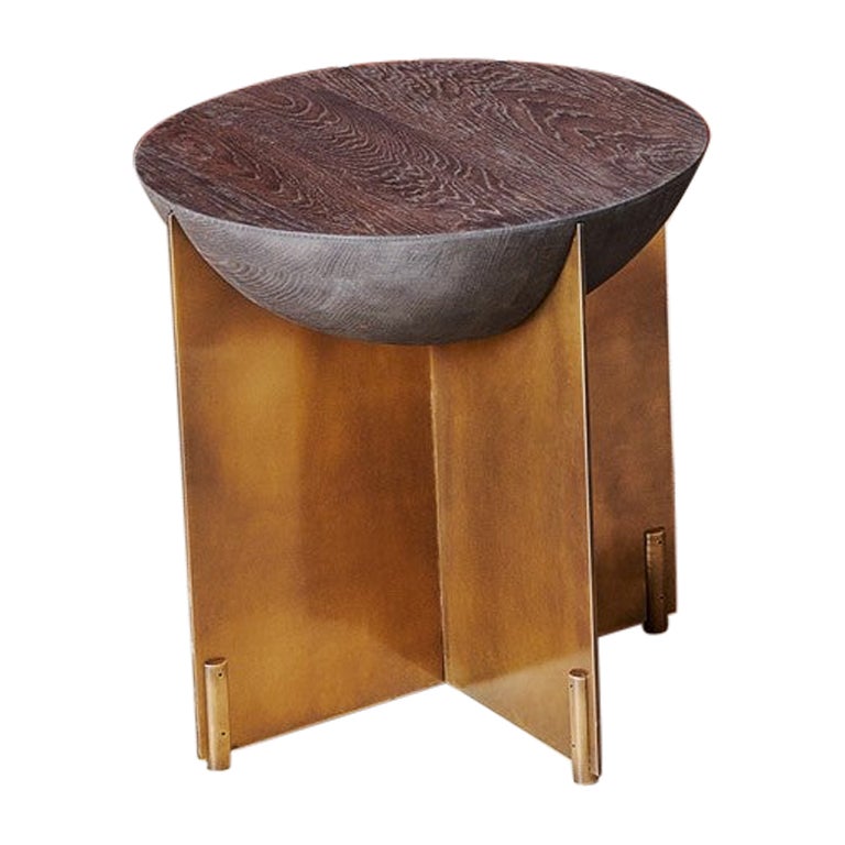 Hidde' s Majestic Stool - 33 "Thirtythree". Aged Brass & Stained Oak Composition For Sale