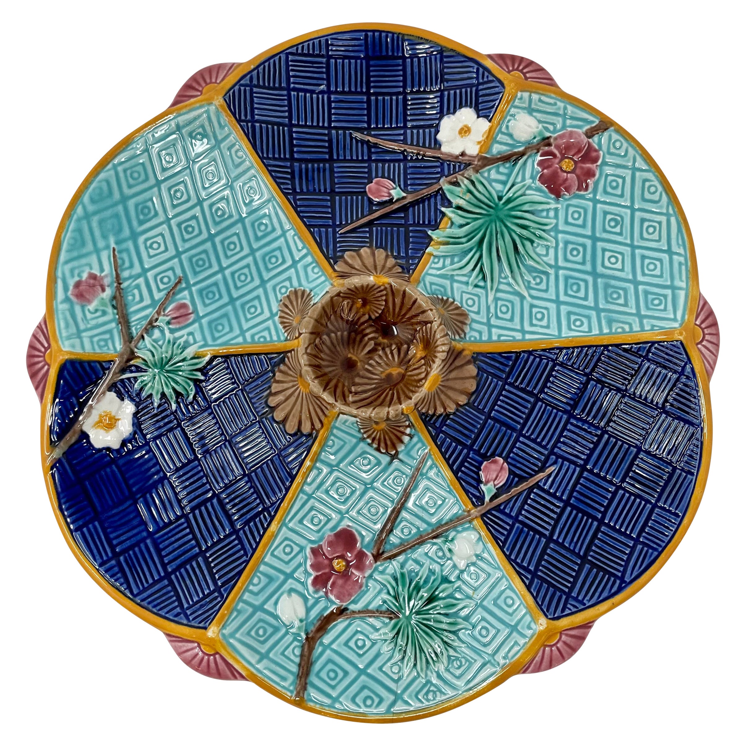 Antique 19th Century English Majolica Porcelain Cobalt & Turquoise Oyster Plate For Sale
