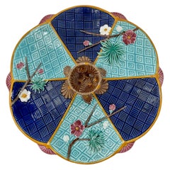 Ancienne assiette à huîtres anglaise du 19ème siècle en porcelaine majolique cobalt et turquoise