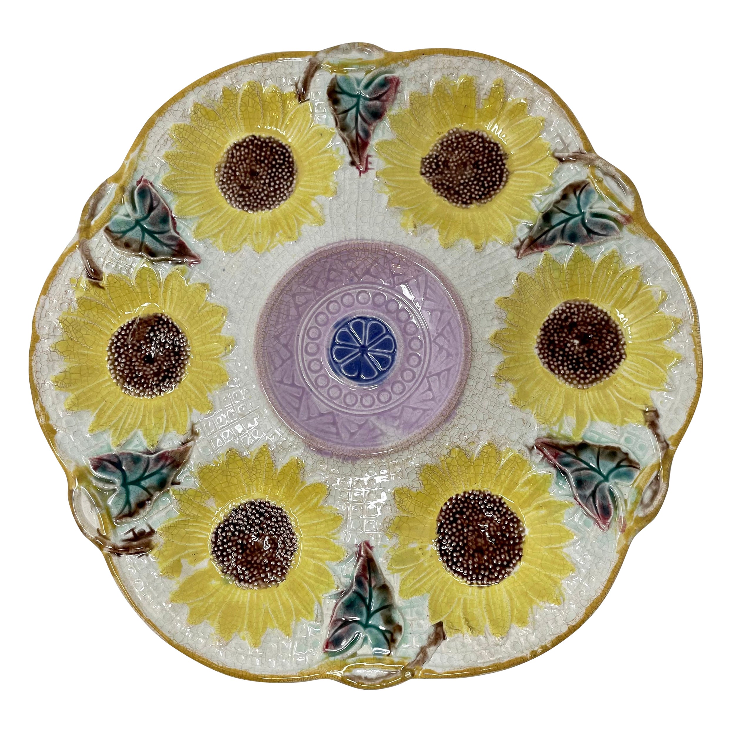 Antique English Majolica Porcelain "Samuel Lear" Sunflower Design Oyster Plate
