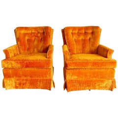 Mid Century Modern Orange Velvet Tufted Swivel Rocking Chairs - a Pair