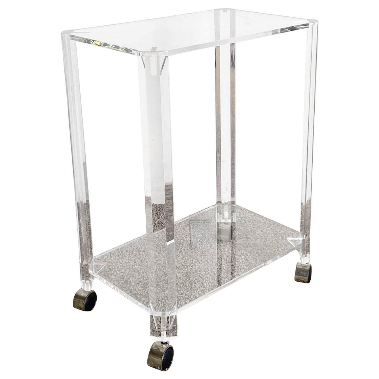 Postmodern Lucite Two Tier Bar Cart on Casters For Sale