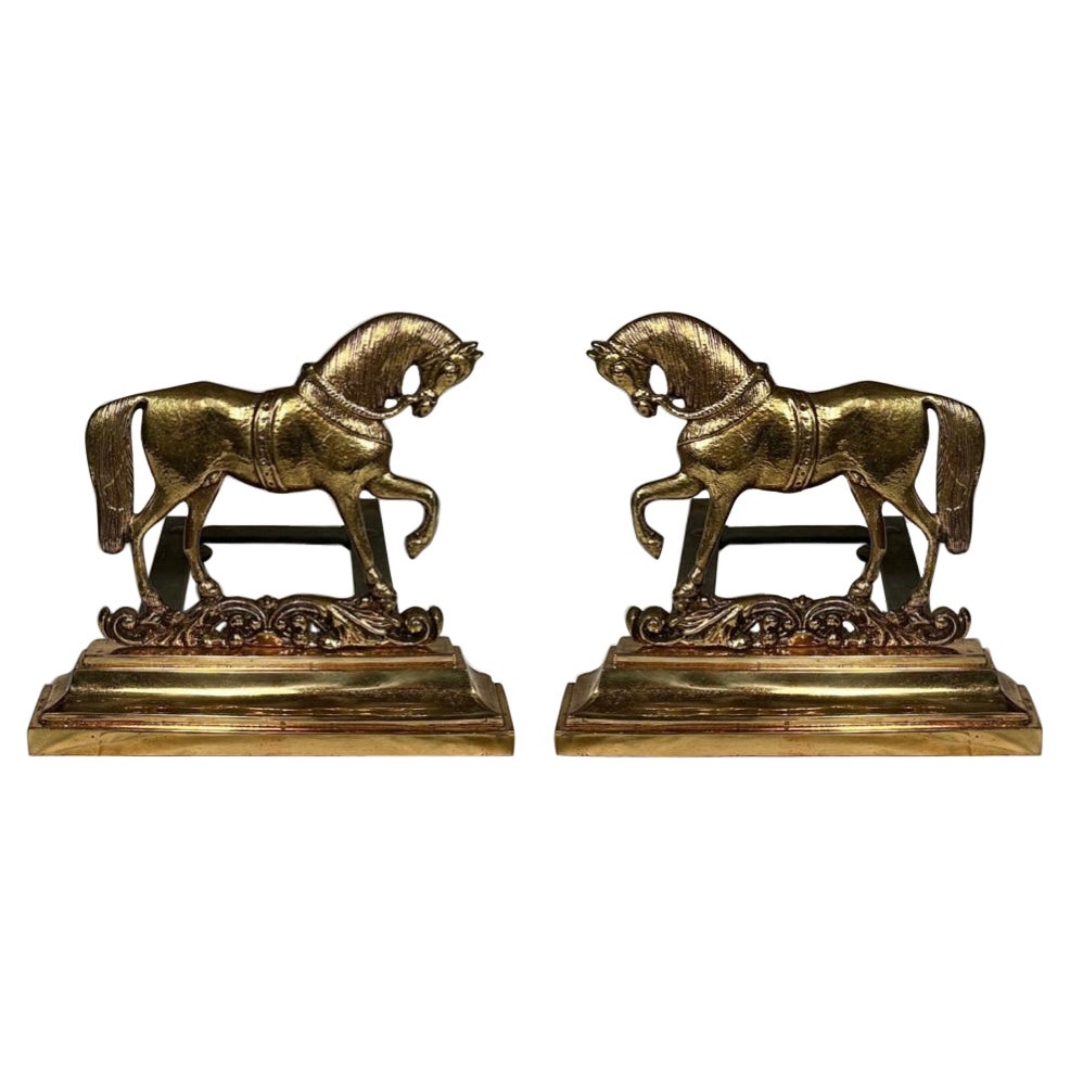 Pair Antique English Brass Horse Andirons circa 1880 For Sale