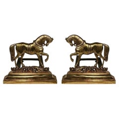 Pair Antique English Brass Horse Andirons circa 1880