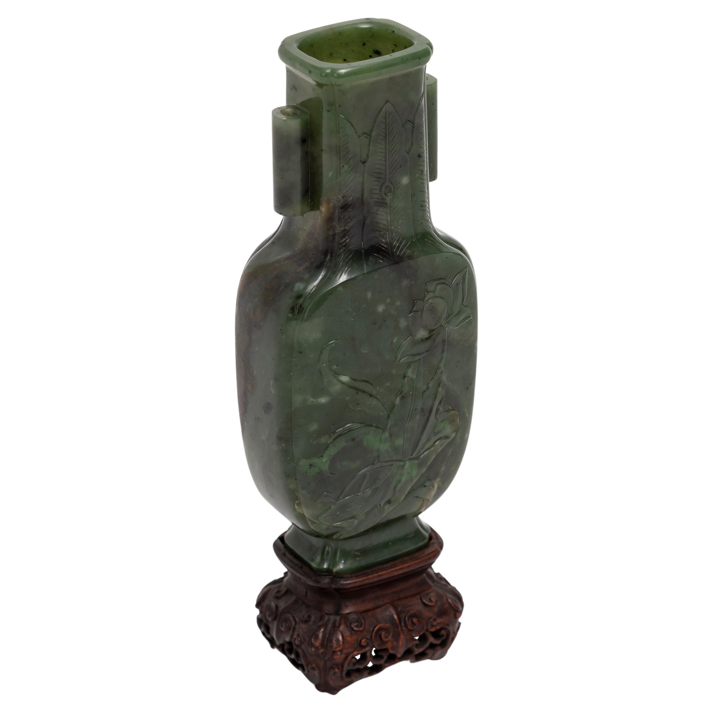 Rare 19th C. Chinese Nephrite Spinach Jade Carved Arrow Vase on Carved Wood Base