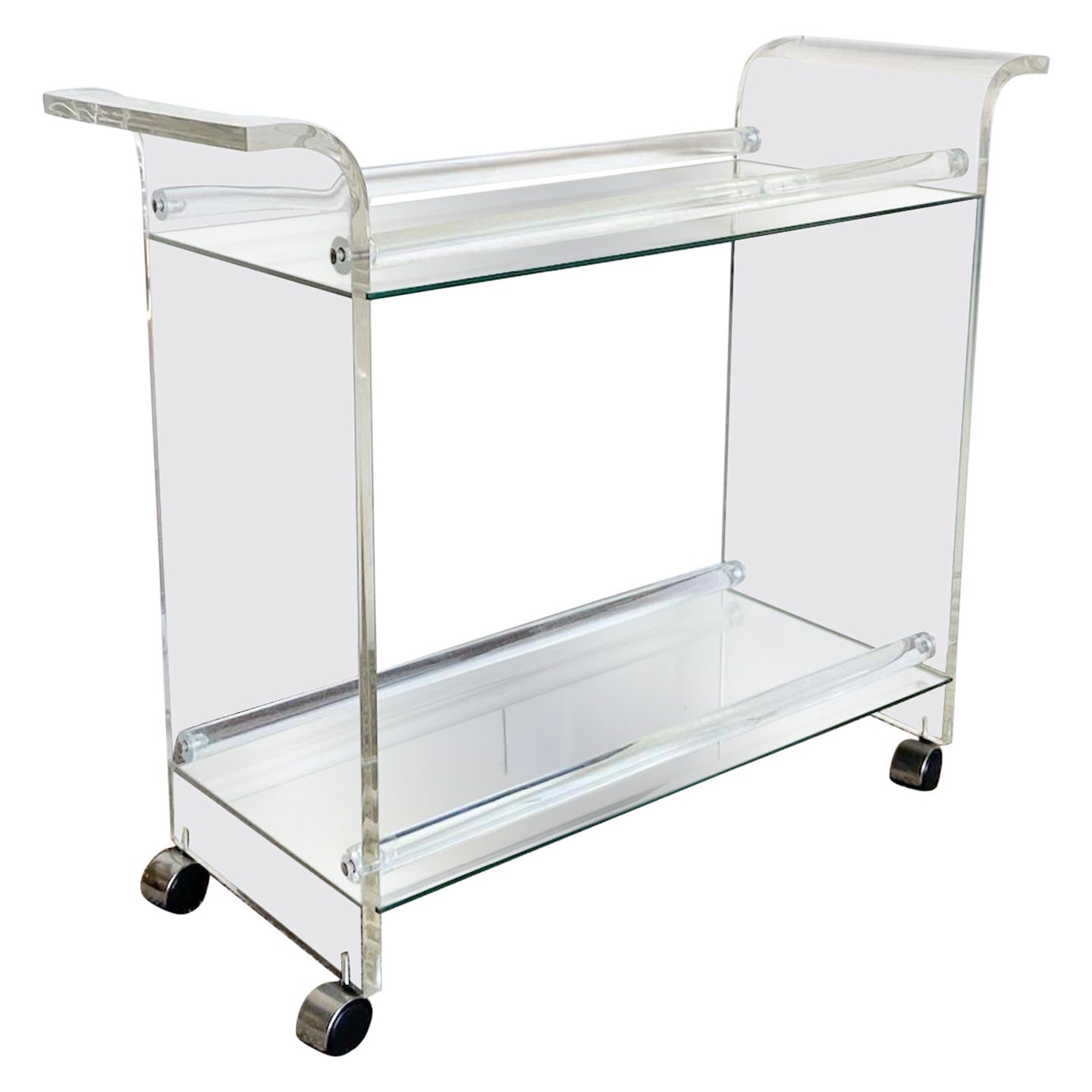 Postmodern Lucite Two Tier Mirrored Bar Cart For Sale