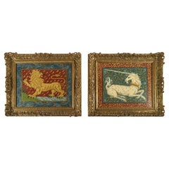 Pair Antique English Victorian Framed Needlepoints