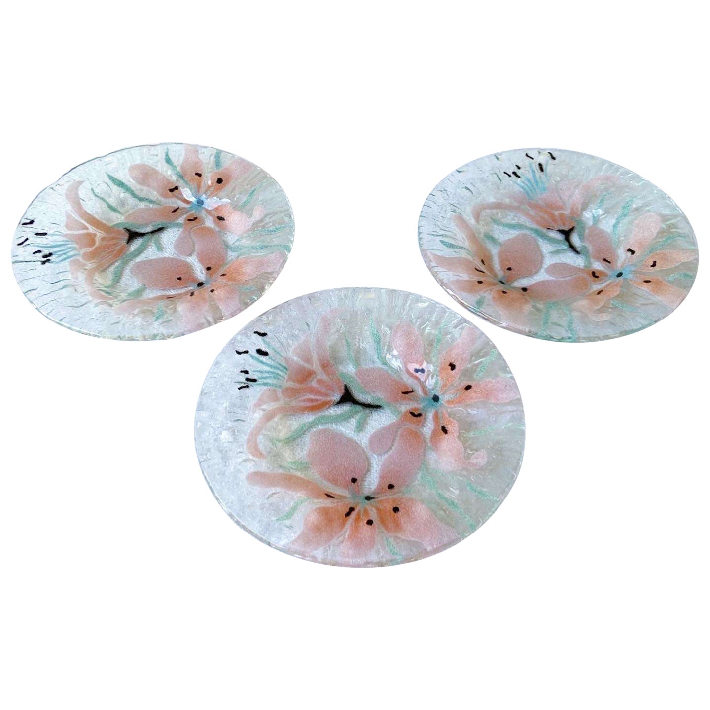 Vintage Glass Hand Painted Flower Plates - Set of 3 For Sale