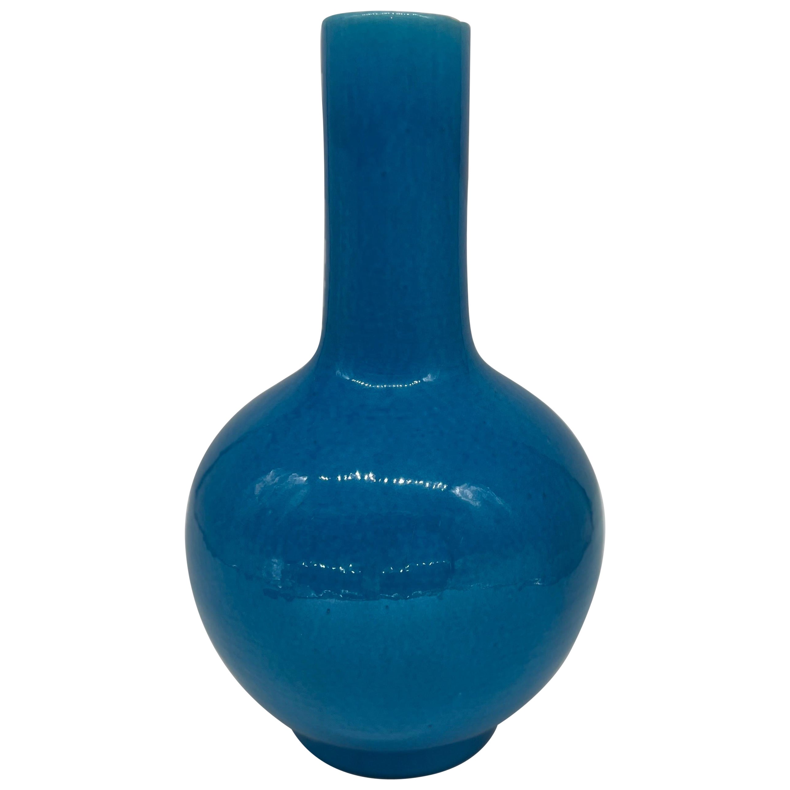 Chinese Peacock Blue Monochrome Bottle Form Vase 14" For Sale