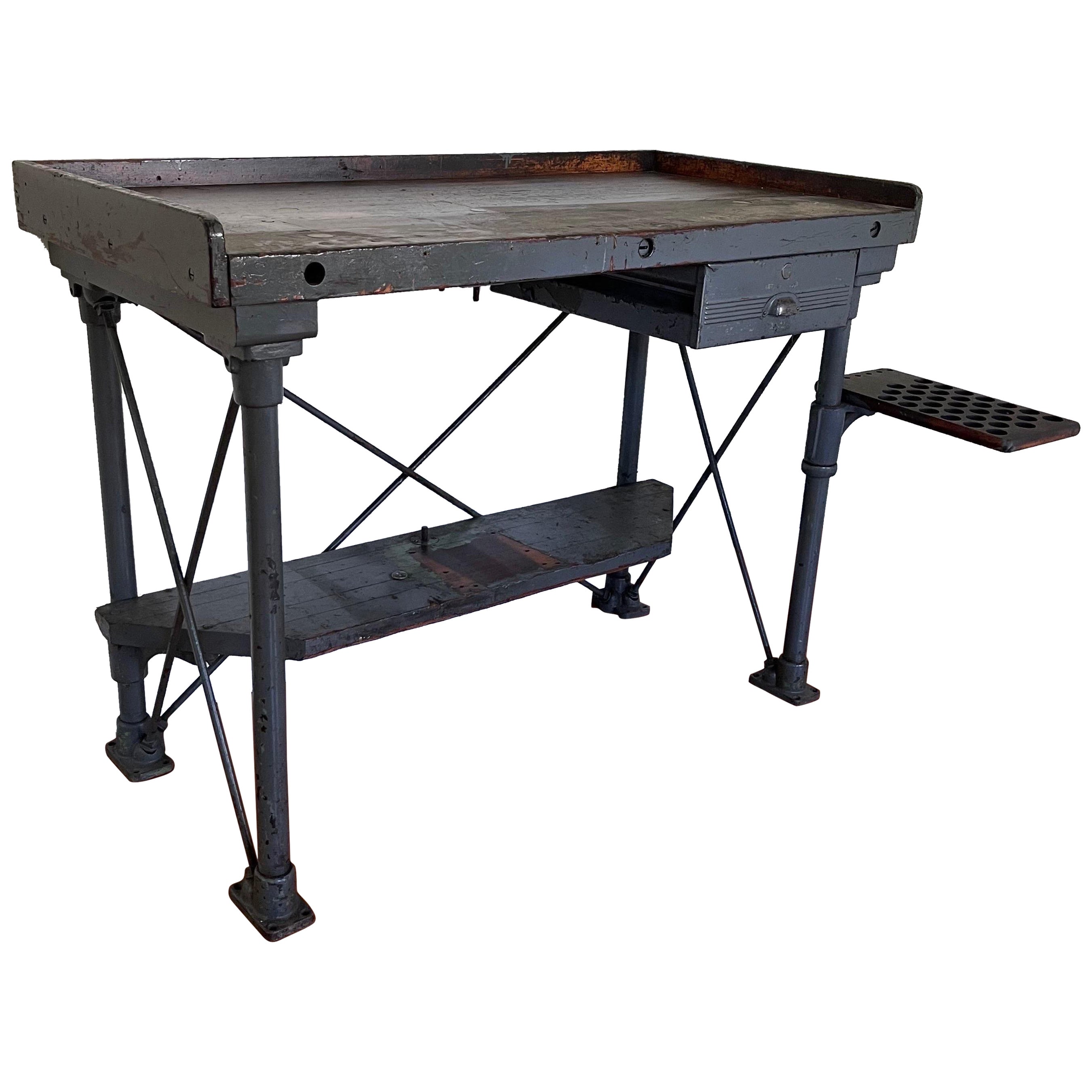 .Early 20th Century Heavy Industrial Workbench Desk