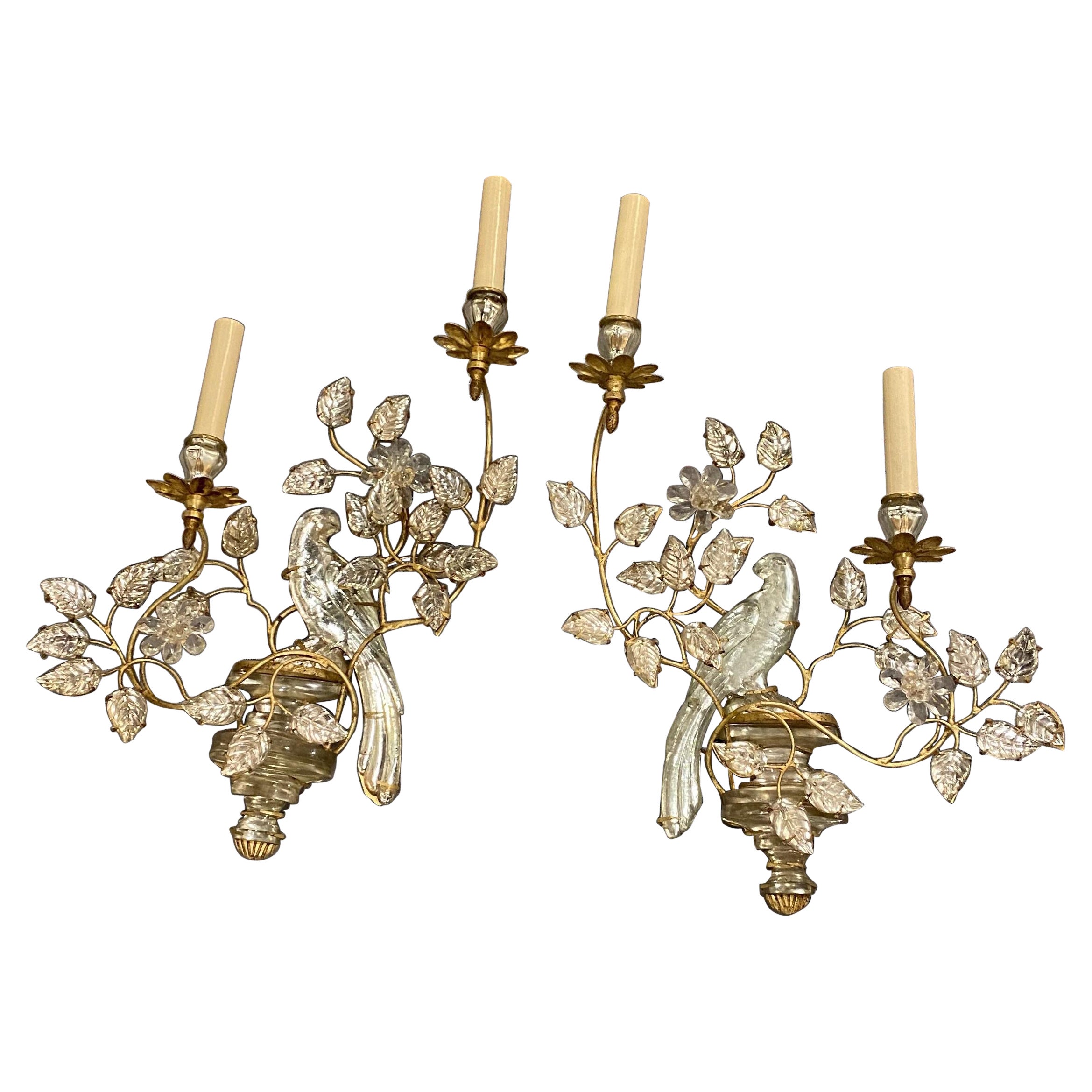 1930's French Bagues Gilt Metal 2 Lights Sconces with Crystal Birds