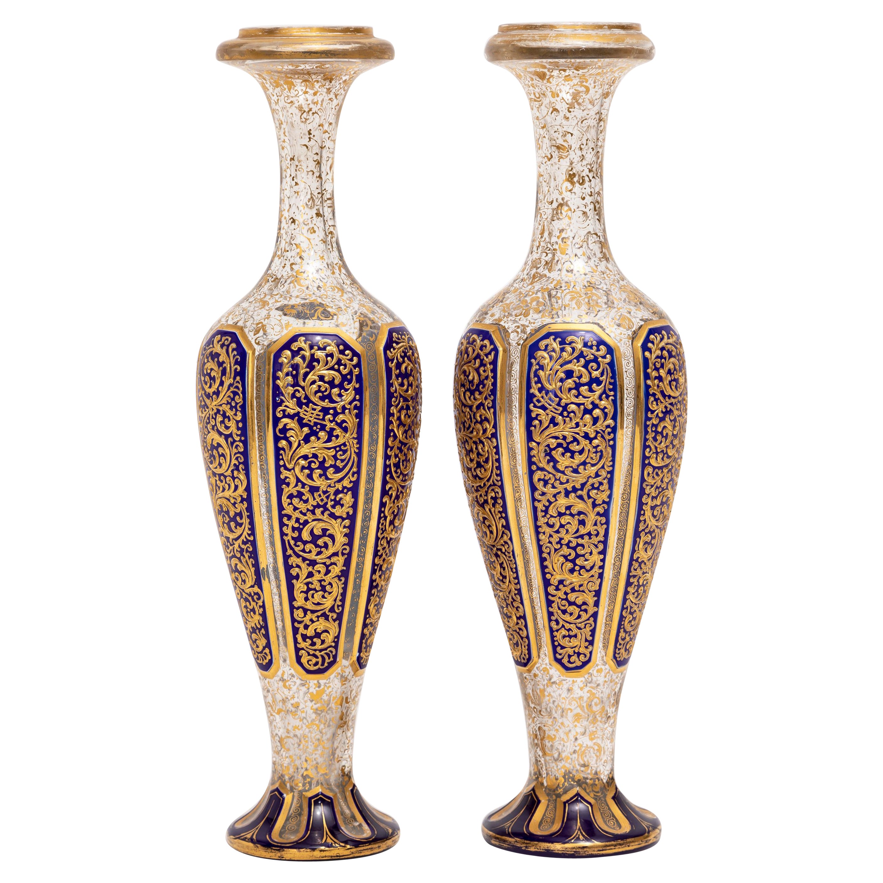 Pair 19th C. Moser Cobalt Blue Cut-to-Clear Gold Floral Decorated Vases, Islamic