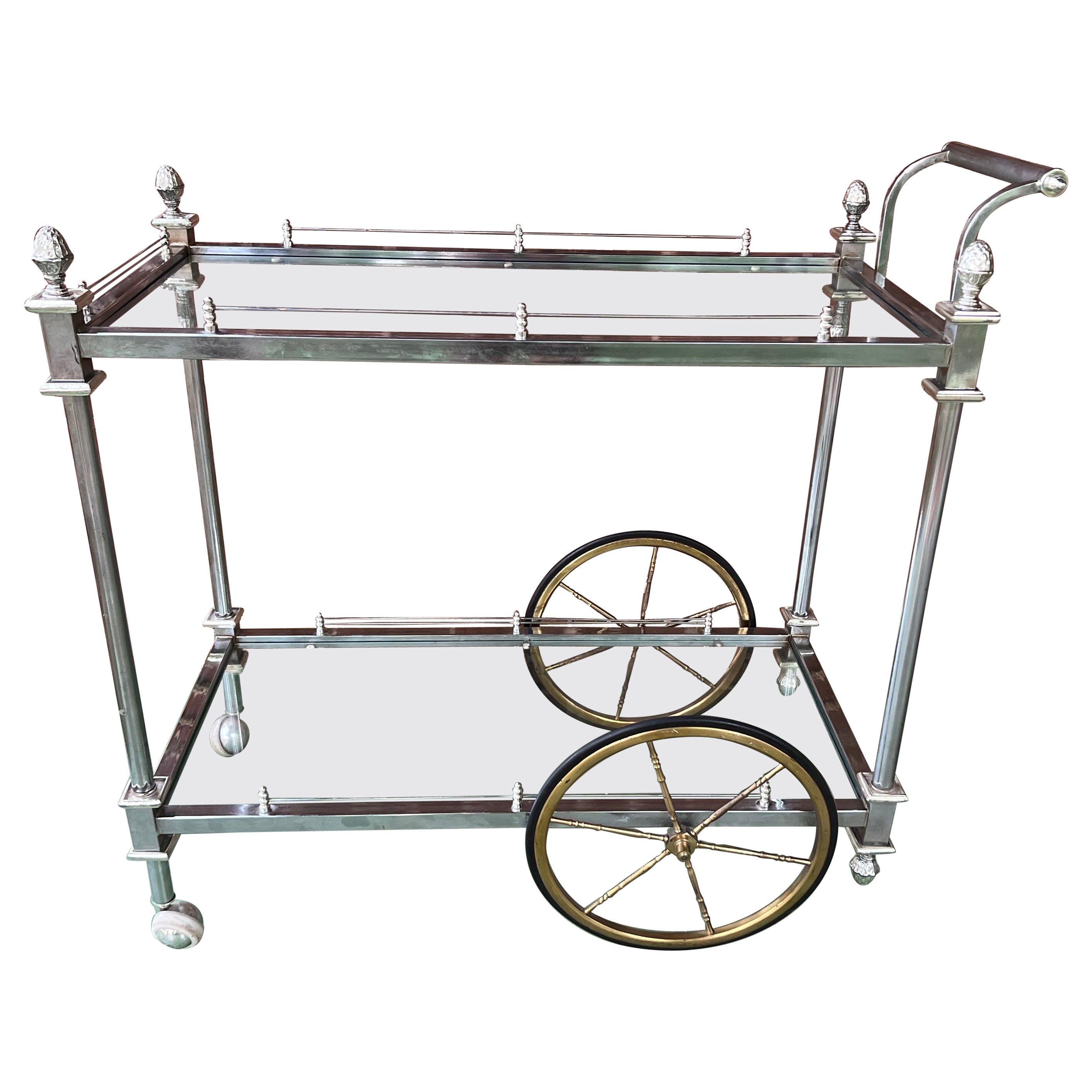 Vintage French Maison Jansen Style Chrome & Brass Tiered Drinks / Bar Cart For Sale