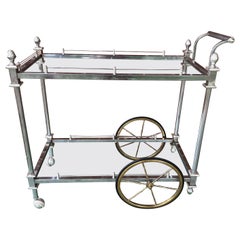 Vintage French Maison Jansen Style Chrome & Brass Tiered Drinks / Bar Cart