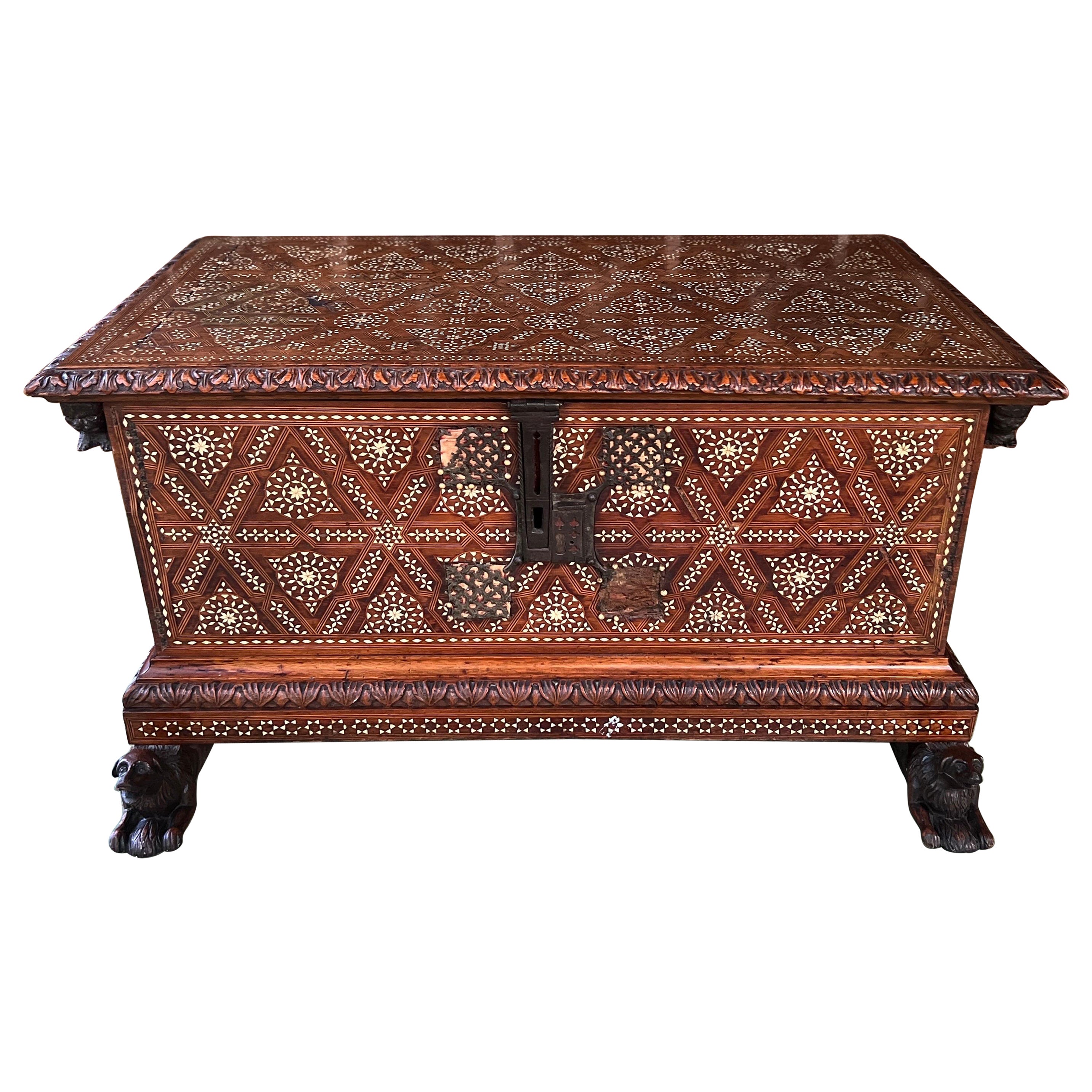 Museum Quality 18th Century Syrian Anglo Indian Carved & Inlaid Blanket Chest For Sale
