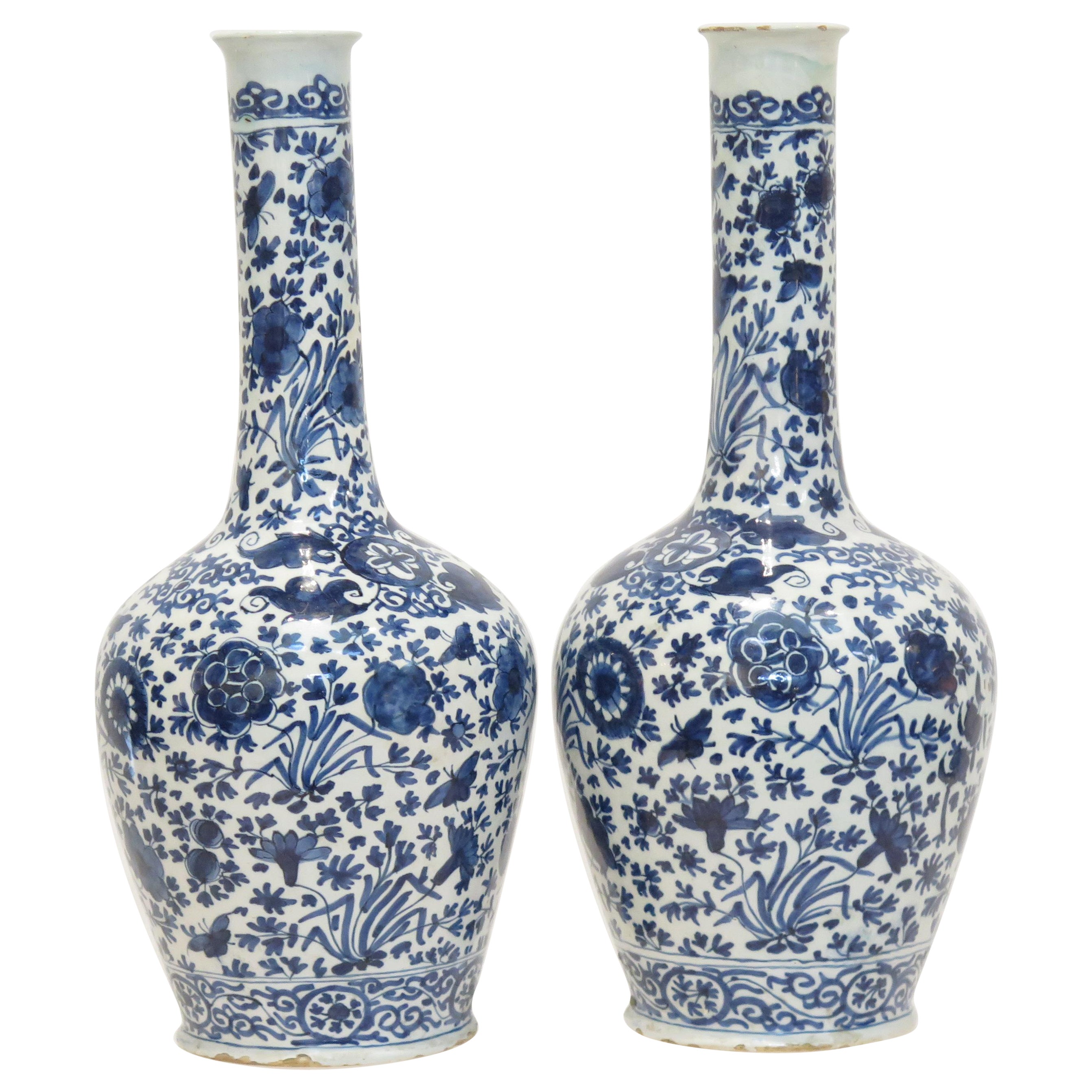 Pair of Dutch Delft Blue and White Bottle Vases