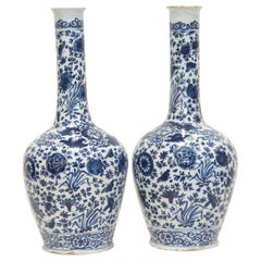 Antique Pair of Dutch Delft Blue and White Bottle Vases